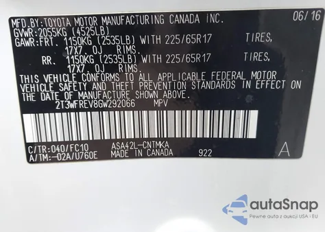 2016 Toyota Rav4 Xle из США, поврежденный, VIN 2T3WFREV8GW292066